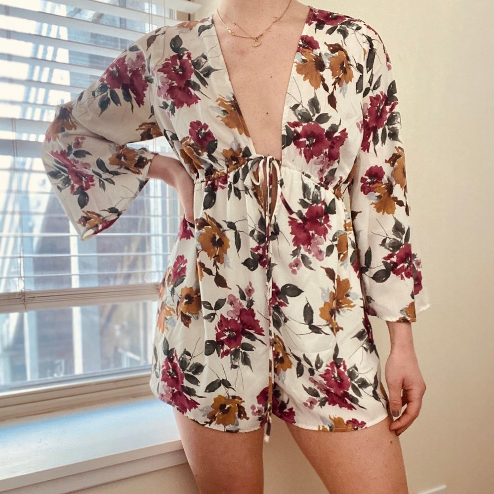 White Floral Long-Sleeve Romper